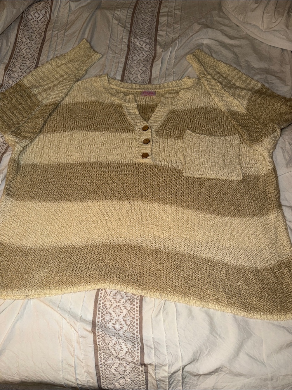 Pink Lily oversized striped loose-knit henley sweater. L